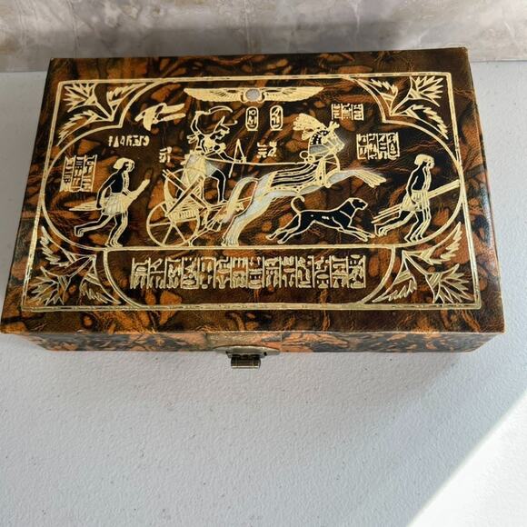Egyptian Leather Jewelry Box Handmade Chariot Design Trinket Box Embossed - Picture 1 of 12